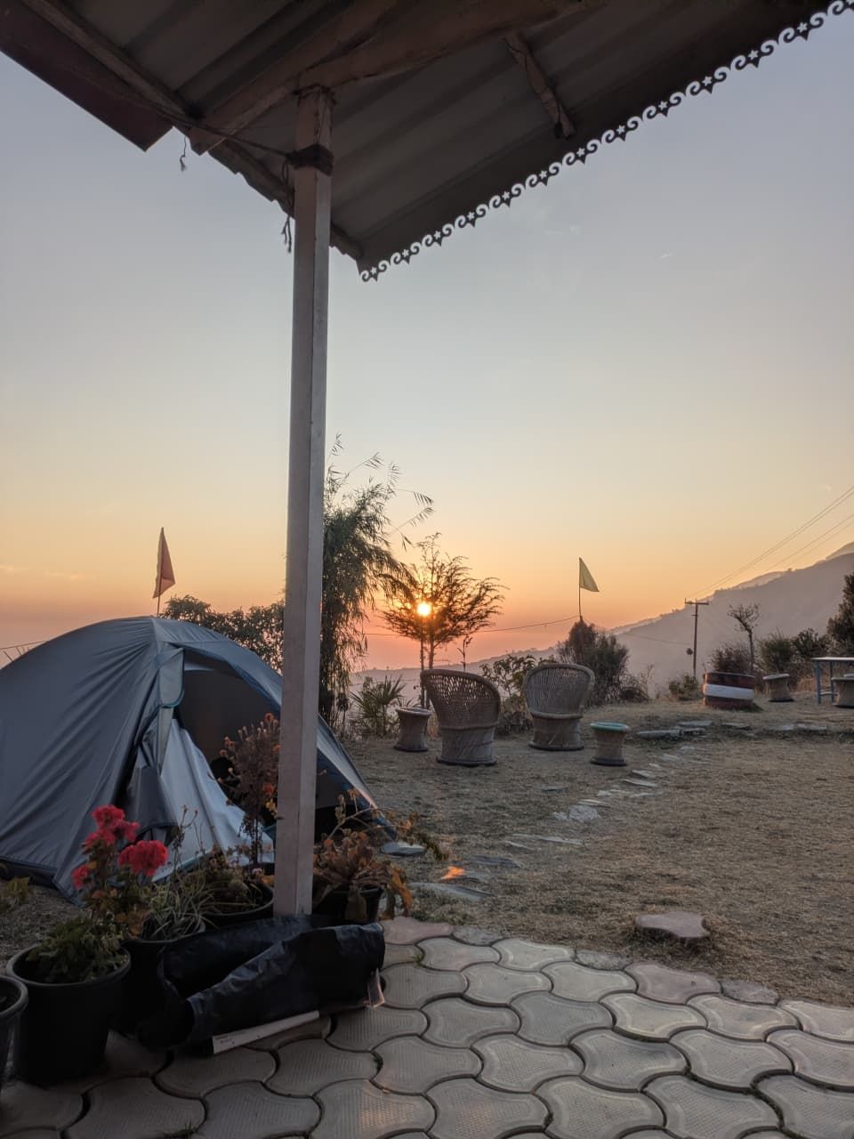 Sunset view at the campsite with tents
